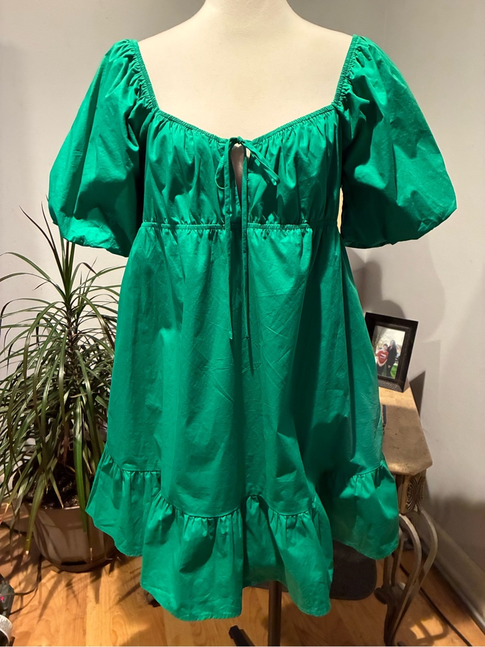 Altar’d State Green Baby Doll Dress Puff Sleeves Tie Front Smocked Back Size XL